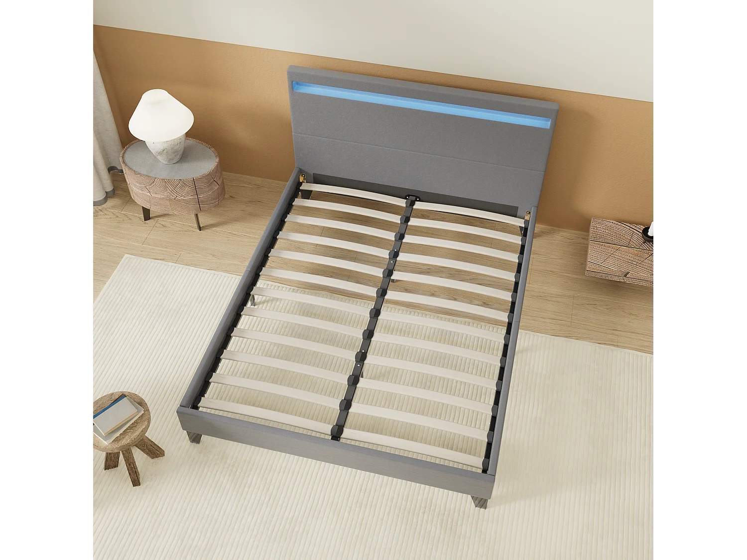 Lit 160x200cm avec tête de lit à éclairage LED gris