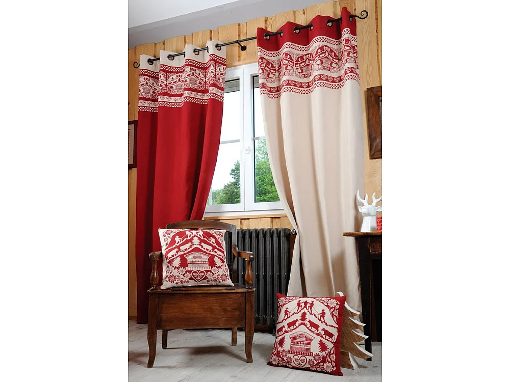 Rideau à oeillets écru/rouge décors vache 135 x 260 cm Armailli
