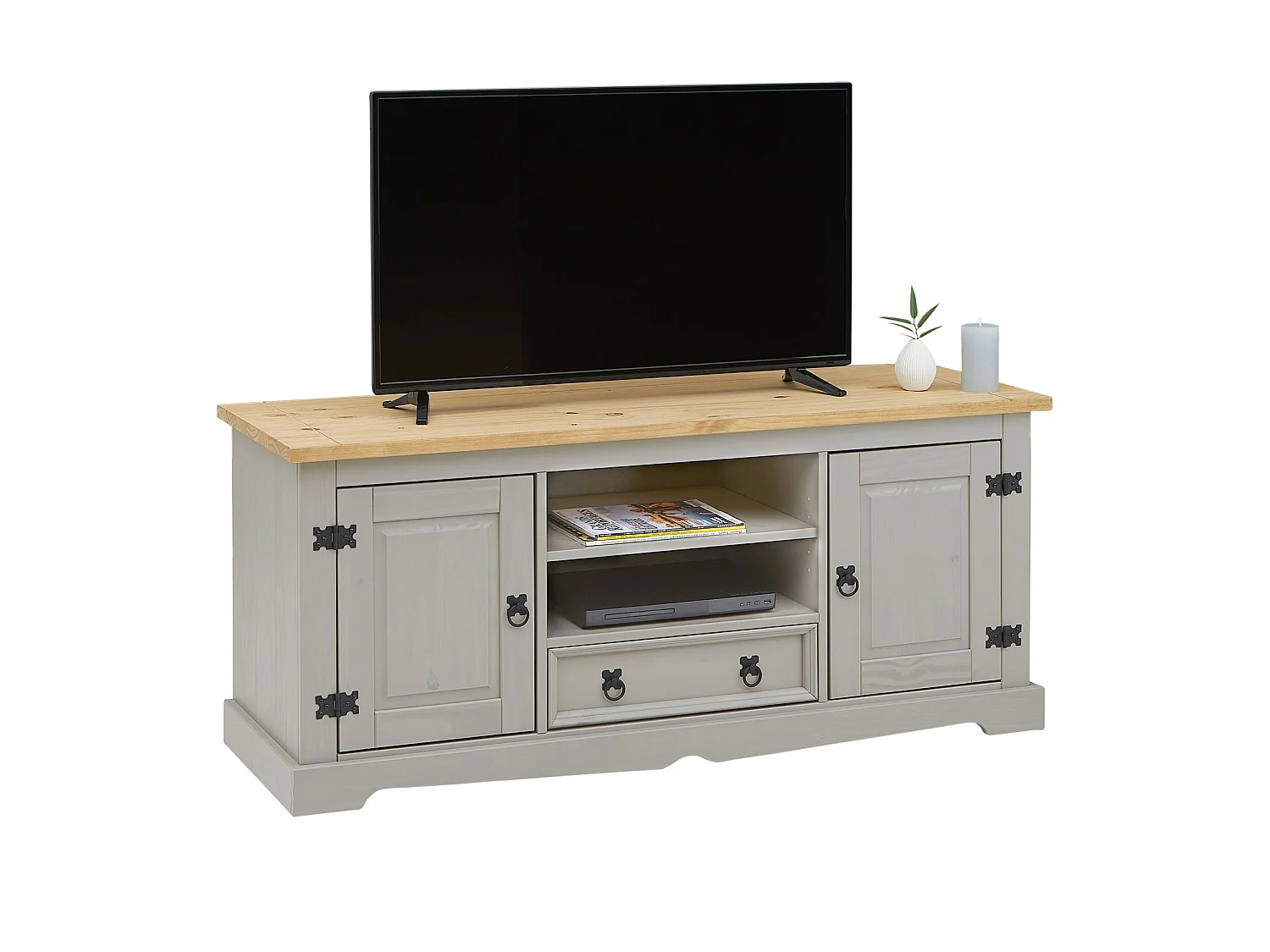 Meuble TV TEQUILA banc télé de 140 cm style mexicain avec 1 tiroir 2 niches et 2 portes, en pin massif lasuré gris et brun