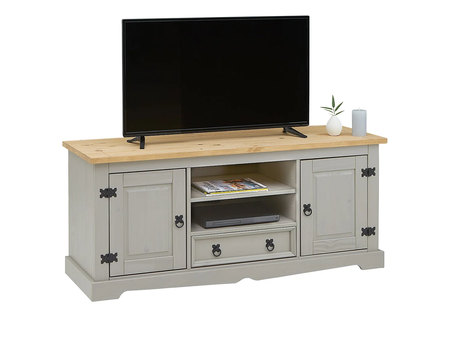 Meuble TV TEQUILA banc télé de 140 cm style mexicain avec 1 tiroir 2 niches et 2 portes, en pin massif lasuré gris et brun