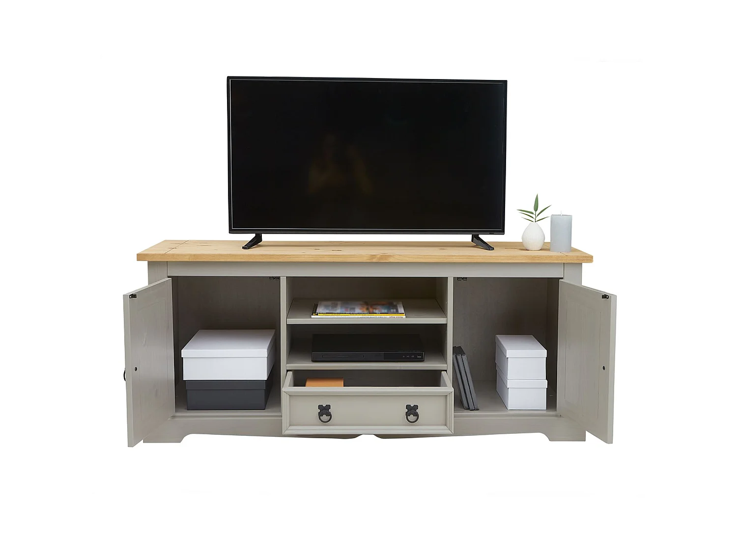 Meuble TV TEQUILA banc télé de 140 cm style mexicain avec 1 tiroir 2 niches et 2 portes, en pin massif lasuré gris et brun