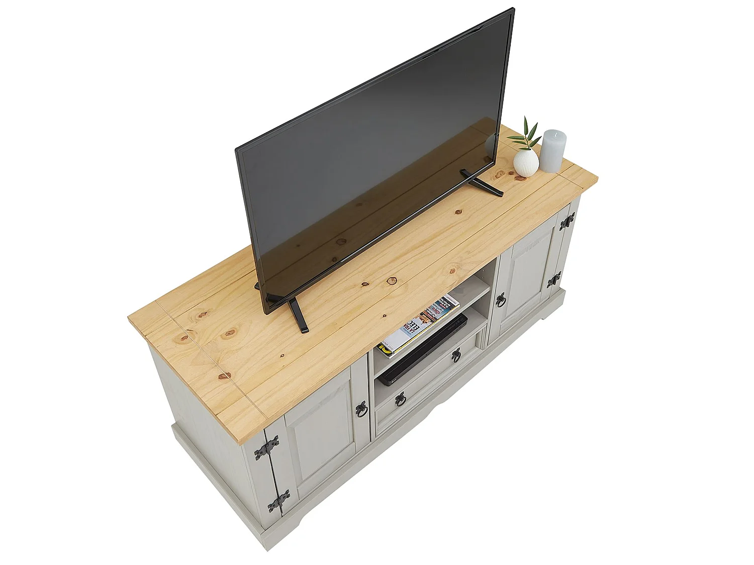 Meuble TV TEQUILA banc télé de 140 cm style mexicain avec 1 tiroir 2 niches et 2 portes, en pin massif lasuré gris et brun