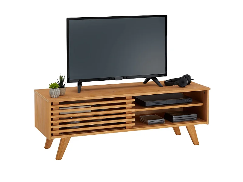 Meuble TV SEAN banc télé de 115 cm au design vintage avec 4 niches et 1 porte coulissante ajourée, en pin massif à la finition cirée