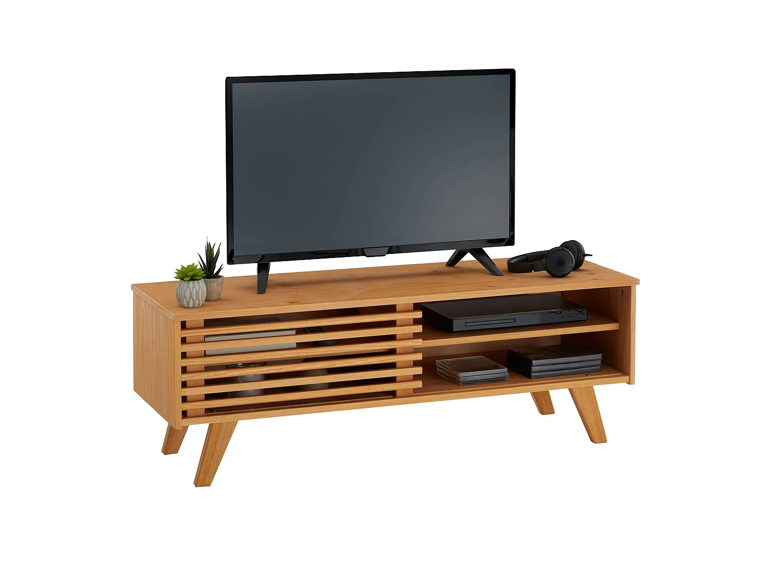 Meuble TV SEAN banc télé de 115 cm au design vintage avec 4 niches et 1 porte coulissante ajourée, en pin massif à la finition cirée