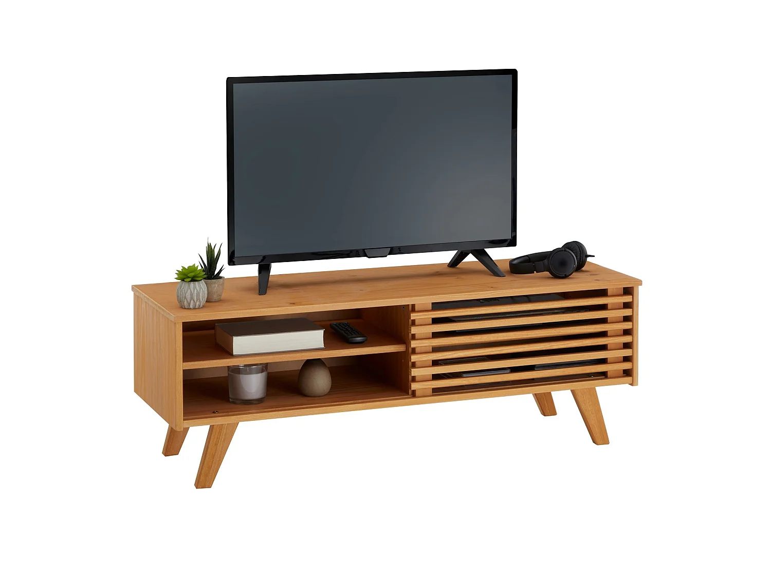 Meuble TV SEAN banc télé de 115 cm au design vintage avec 4 niches et 1 porte coulissante ajourée, en pin massif à la finition cirée