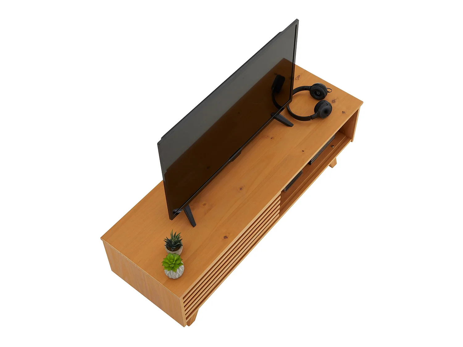 Meuble TV SEAN banc télé de 115 cm au design vintage avec 4 niches et 1 porte coulissante ajourée, en pin massif à la finition cirée