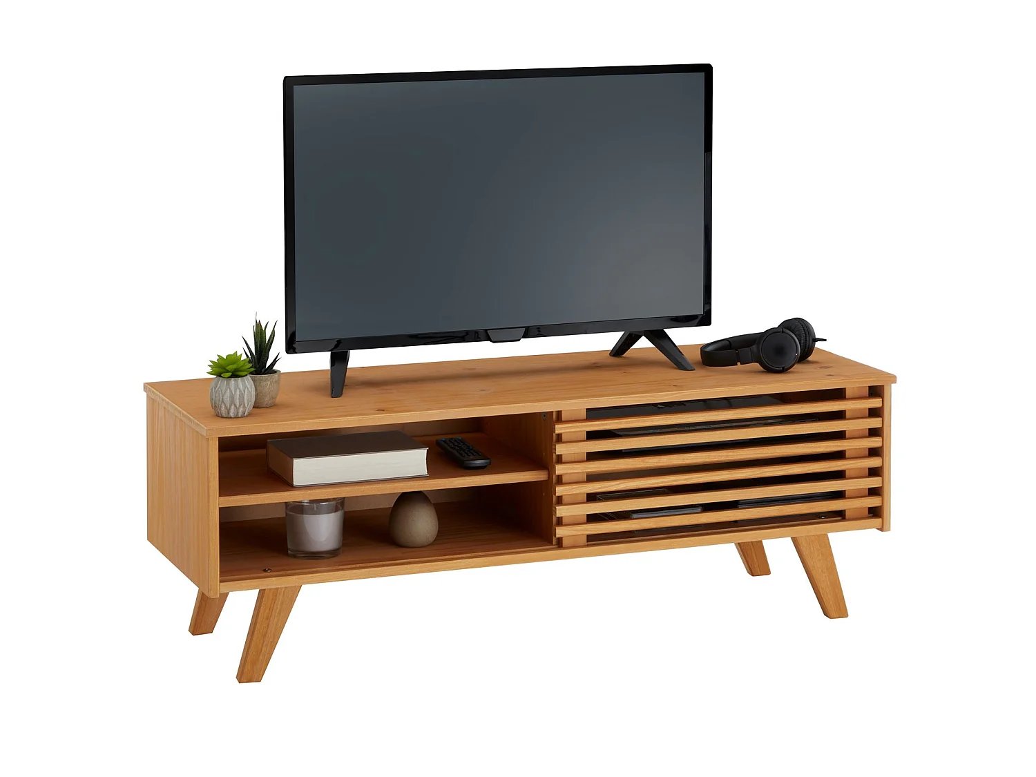 Meuble TV SEAN banc télé de 115 cm au design vintage avec 4 niches et 1 porte coulissante ajourée, en pin massif à la finition cirée
