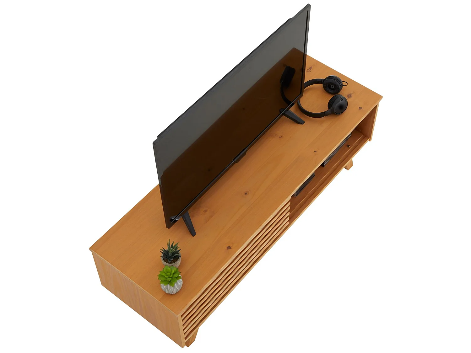 Meuble TV SEAN banc télé de 115 cm au design vintage avec 4 niches et 1 porte coulissante ajourée, en pin massif à la finition cirée