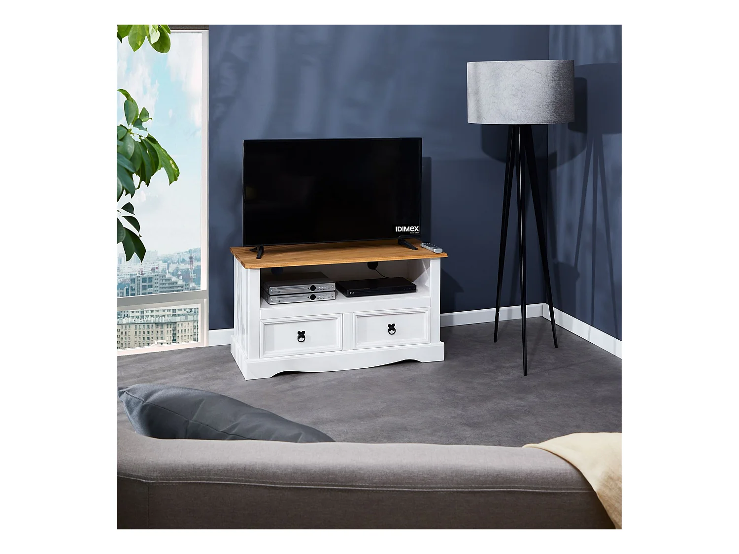 Meuble TV CAMPO banc télévision en pin massif blanc et brun avec 2 tiroirs et 1 niche, meuble de rangement style mexicain en bois