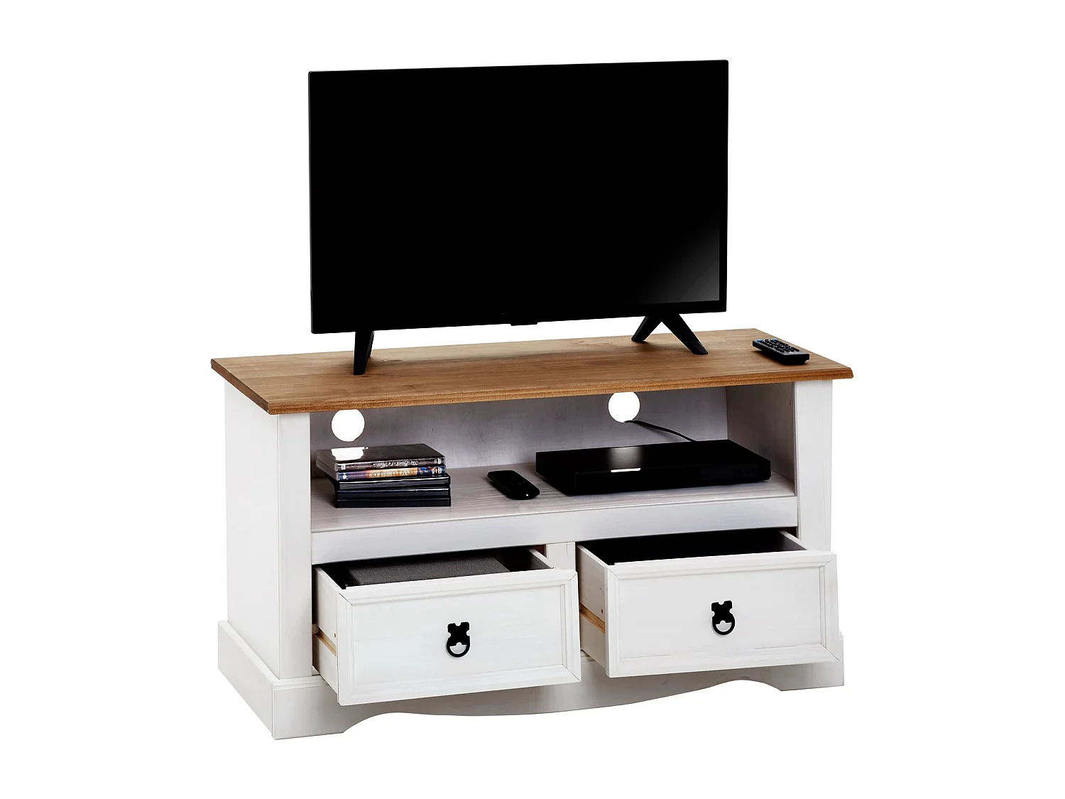 Meuble TV CAMPO banc télévision en pin massif blanc et brun avec 2 tiroirs et 1 niche, meuble de rangement style mexicain en bois