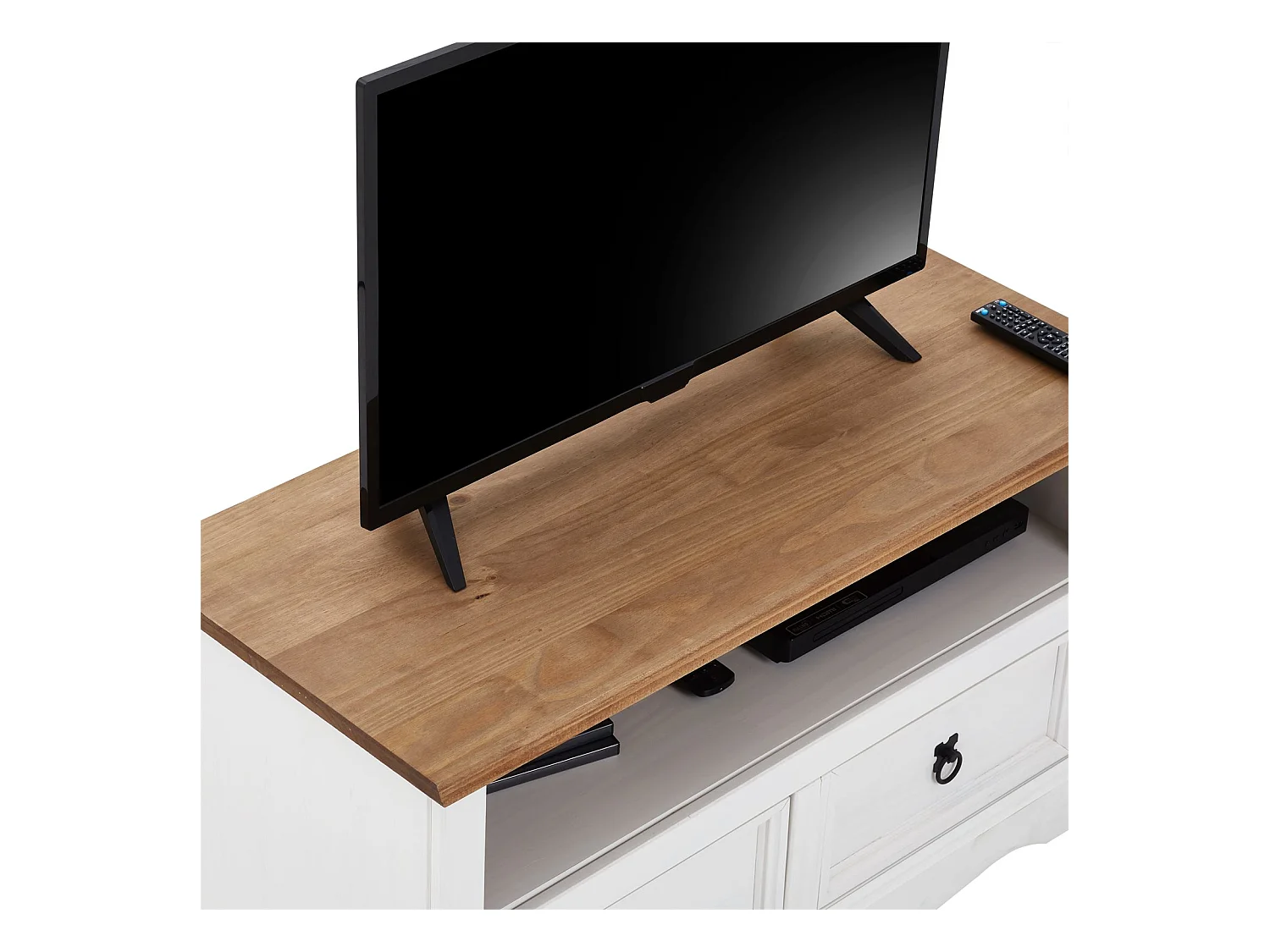 Meuble TV CAMPO banc télévision en pin massif blanc et brun avec 2 tiroirs et 1 niche, meuble de rangement style mexicain en bois