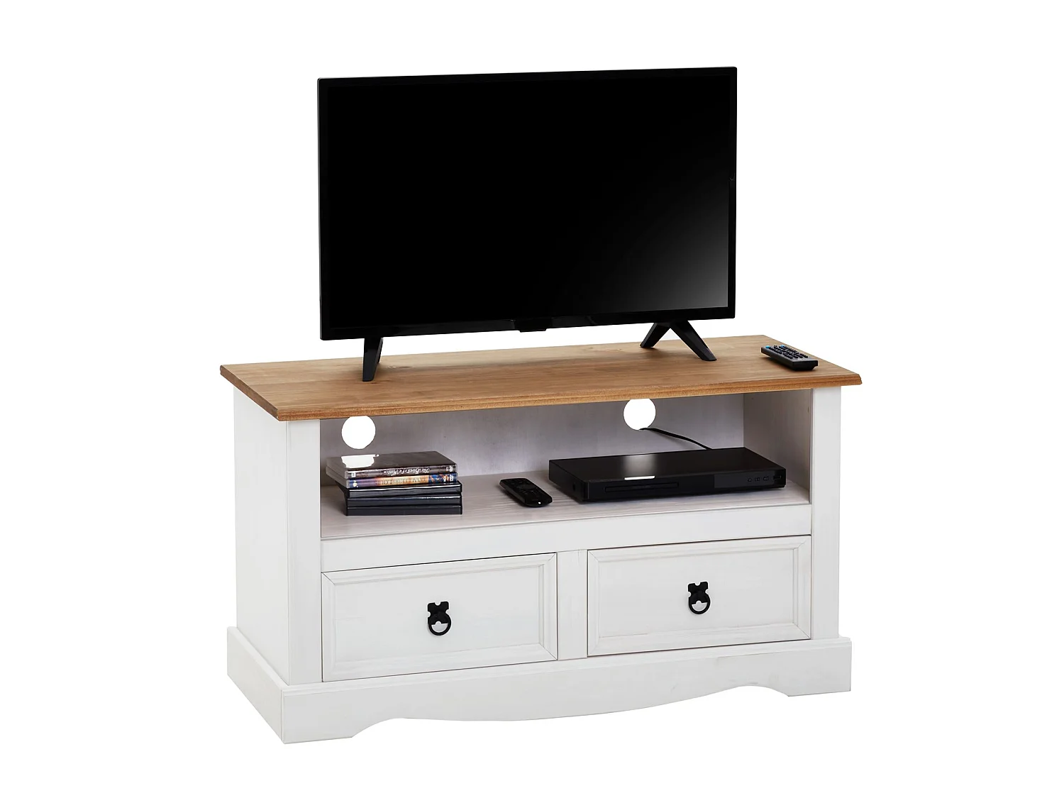 Meuble TV CAMPO banc télévision en pin massif blanc et brun avec 2 tiroirs et 1 niche, meuble de rangement style mexicain en bois