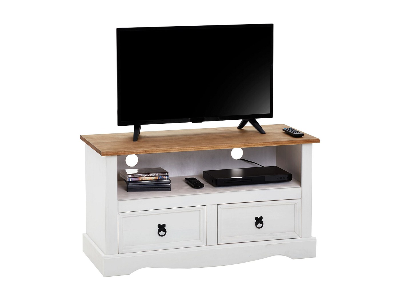 Meuble TV Design Scandinave En.casa - 120x40x58 Cm - Portes Coulissantes, Rangement - Bambou Et MDF - Naturel Et Blanc