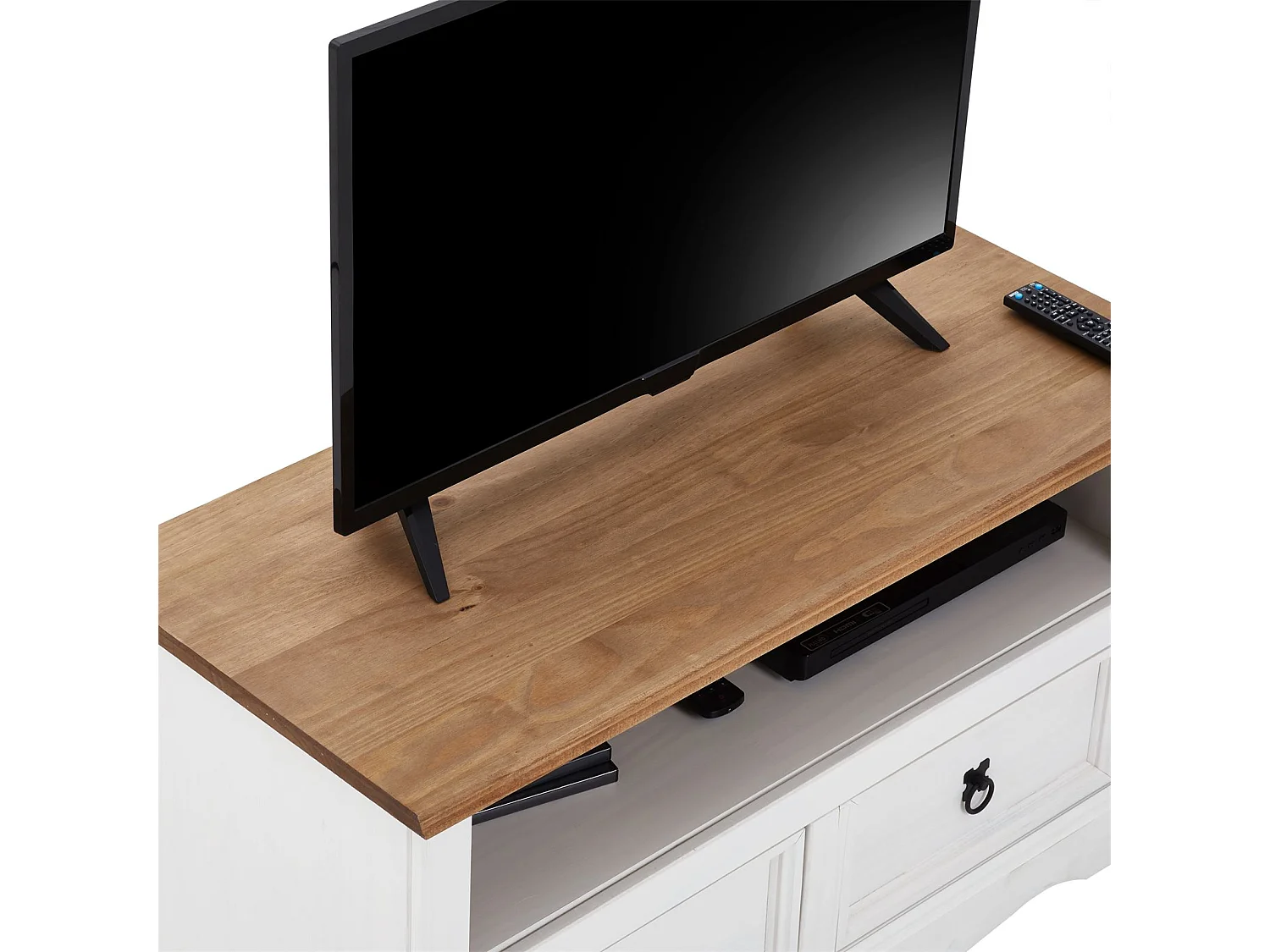 Meuble TV CAMPO banc télévision en pin massif blanc et brun avec 2 tiroirs et 1 niche, meuble de rangement style mexicain en bois