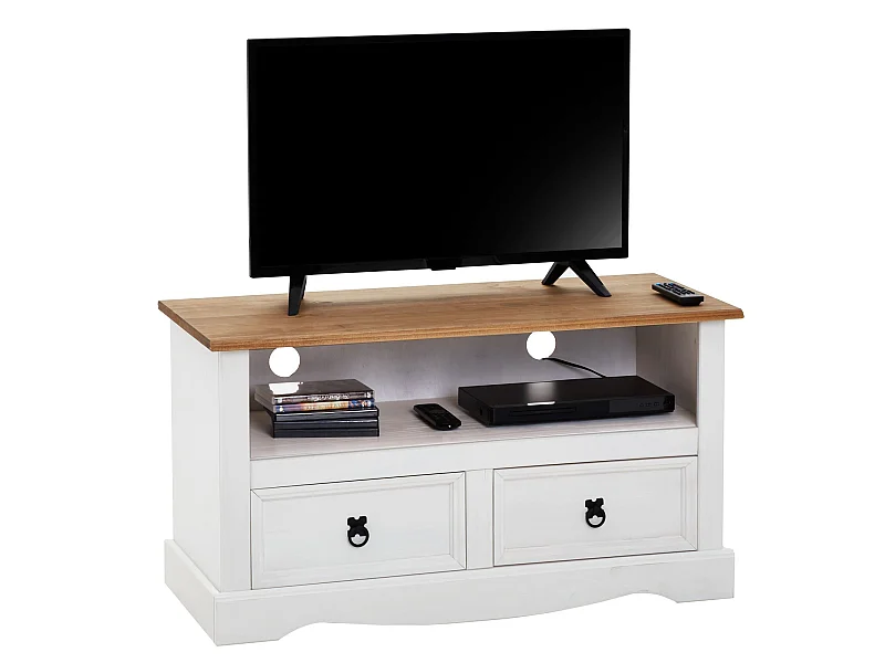 Meuble TV CAMPO banc télévision en pin massif blanc et brun avec 2 tiroirs et 1 niche, meuble de rangement style mexicain en bois