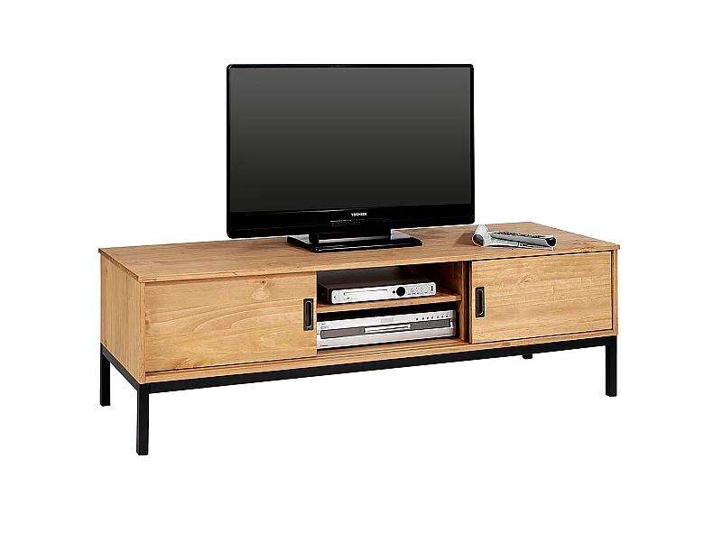 Meuble TV SELMA banc télé de 145 cm au style industriel design vintage avec 2 portes coulissantes, en pin massif teinté brun clair