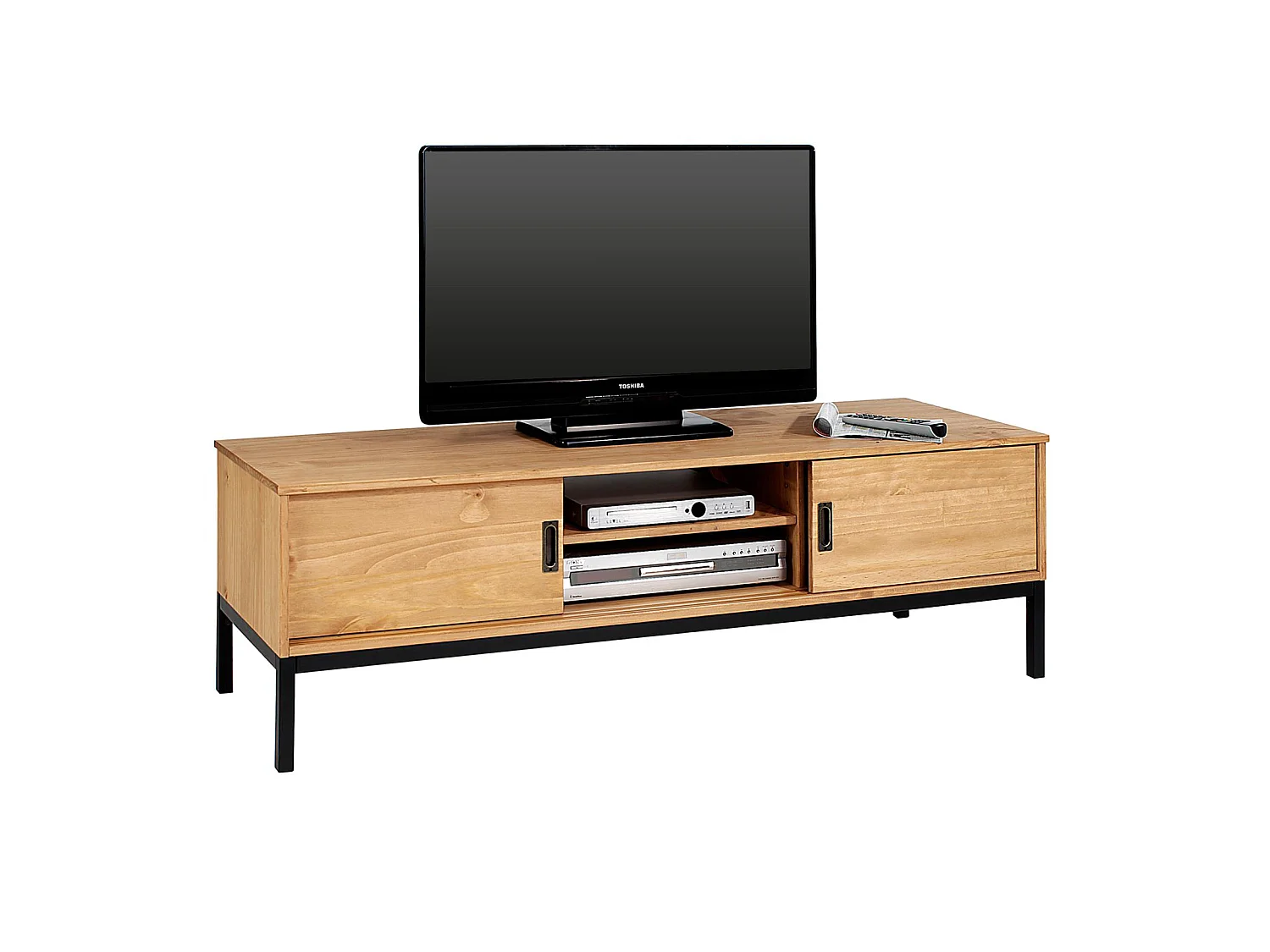 Meuble TV SELMA banc télé de 145 cm au style industriel design vintage avec 2 portes coulissantes, en pin massif teinté brun clair