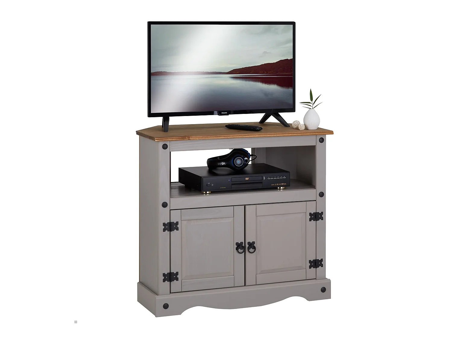 Meuble TV RAMON banc télévision en pin massif gris et brun avec 2 portes et 1 niche, meuble de rangement style mexicain en bois