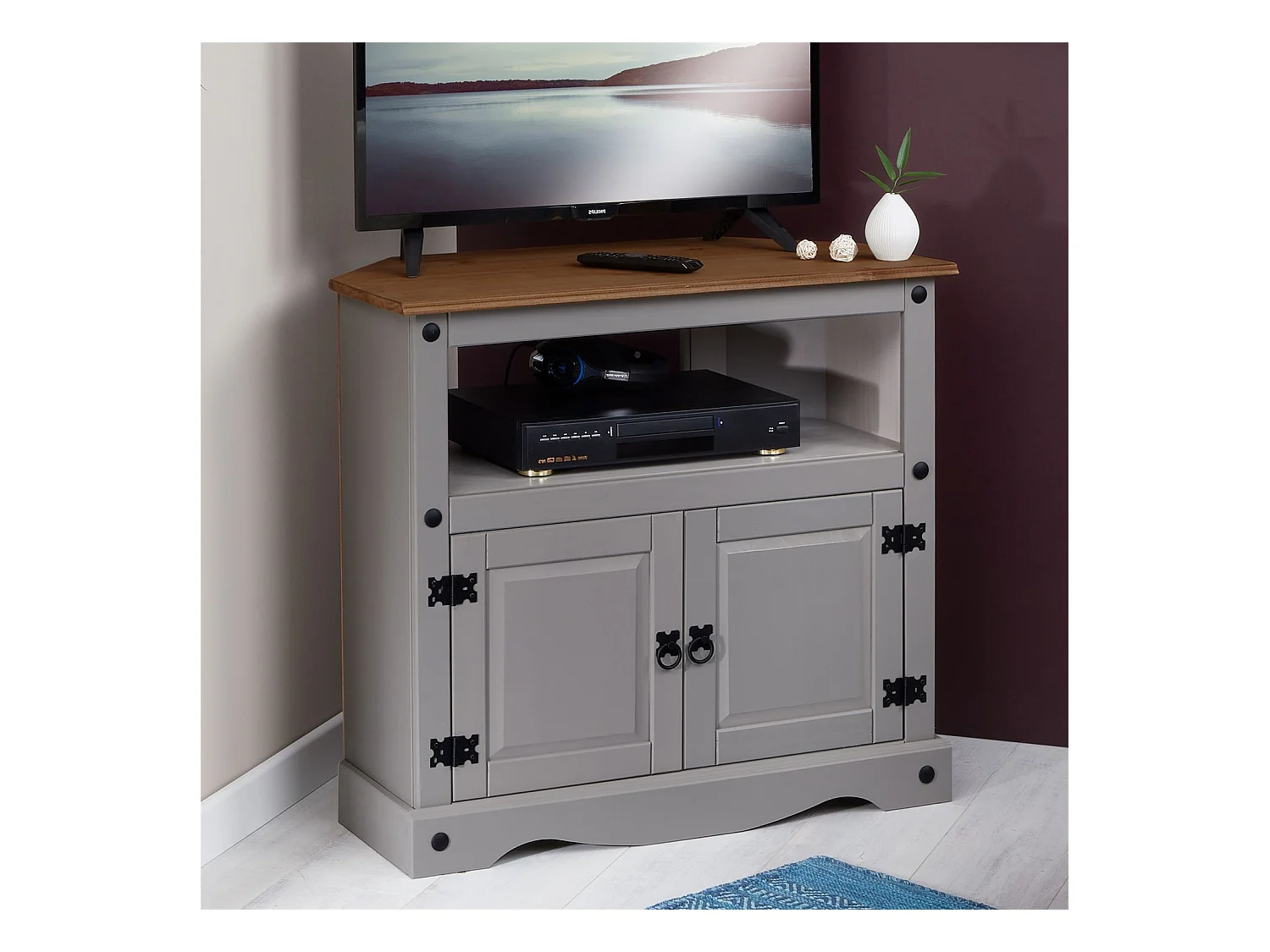 Meuble TV RAMON banc télévision en pin massif gris et brun avec 2 portes et 1 niche, meuble de rangement style mexicain en bois