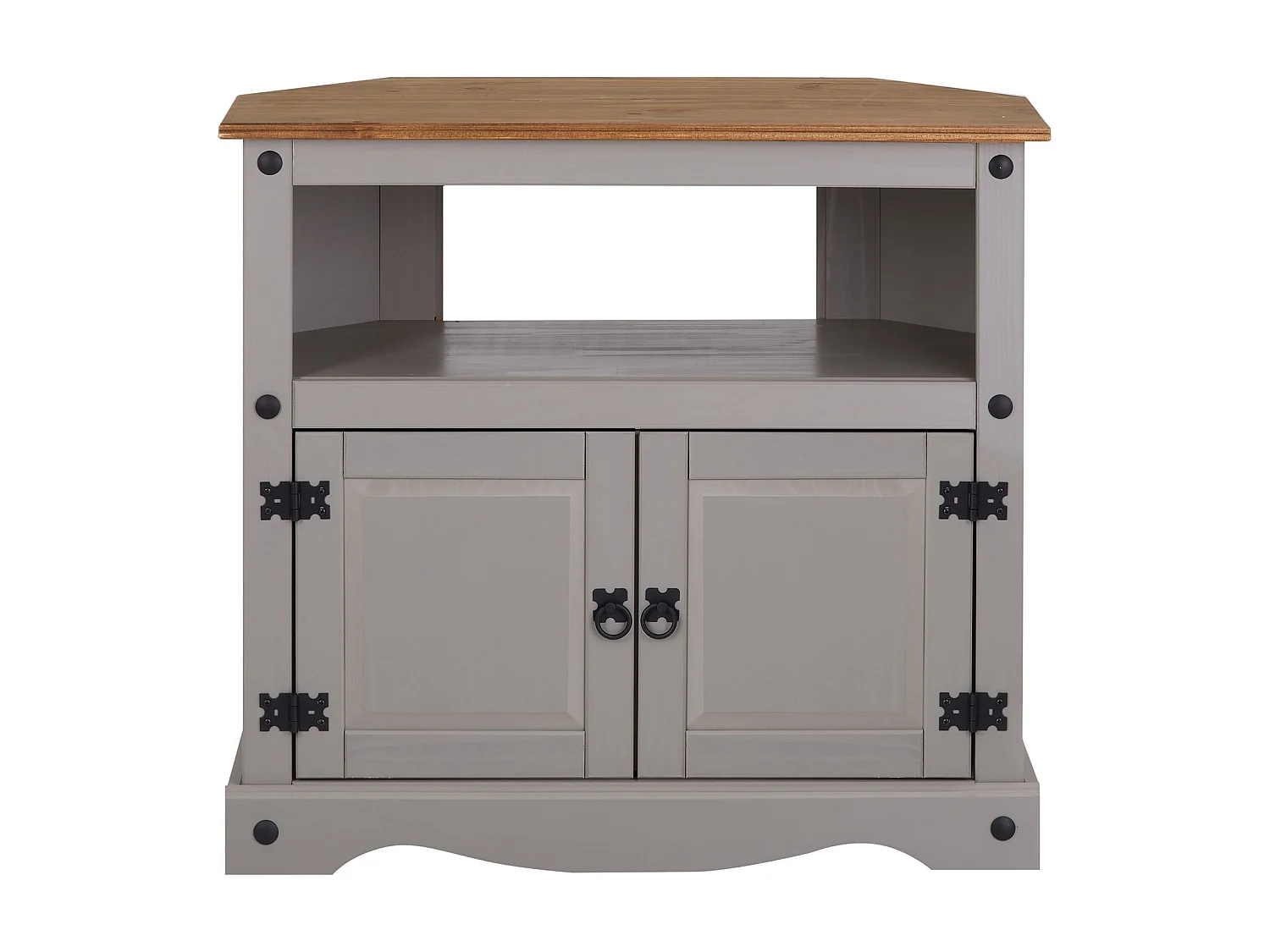 Meuble TV RAMON banc télévision en pin massif gris et brun avec 2 portes et 1 niche, meuble de rangement style mexicain en bois