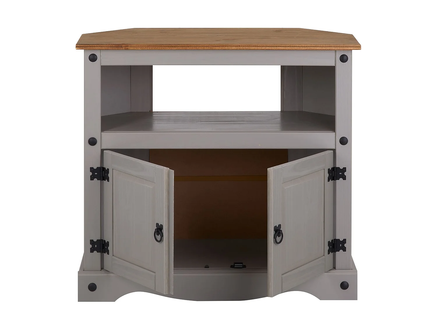 Meuble TV RAMON banc télévision en pin massif gris et brun avec 2 portes et 1 niche, meuble de rangement style mexicain en bois