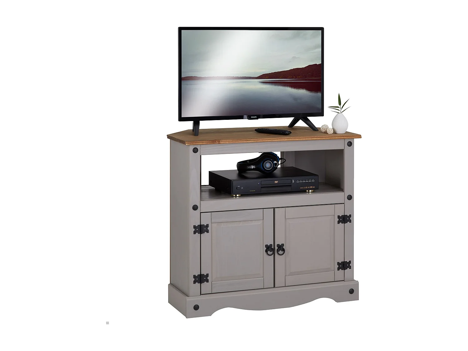 Meuble TV RAMON banc télévision en pin massif gris et brun avec 2 portes et 1 niche, meuble de rangement style mexicain en bois