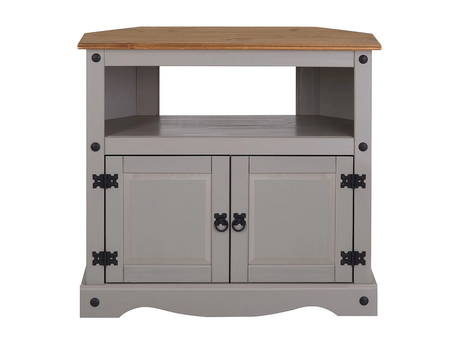 Meuble TV RAMON banc télévision en pin massif gris et brun avec 2 portes et 1 niche, meuble de rangement style mexicain en bois