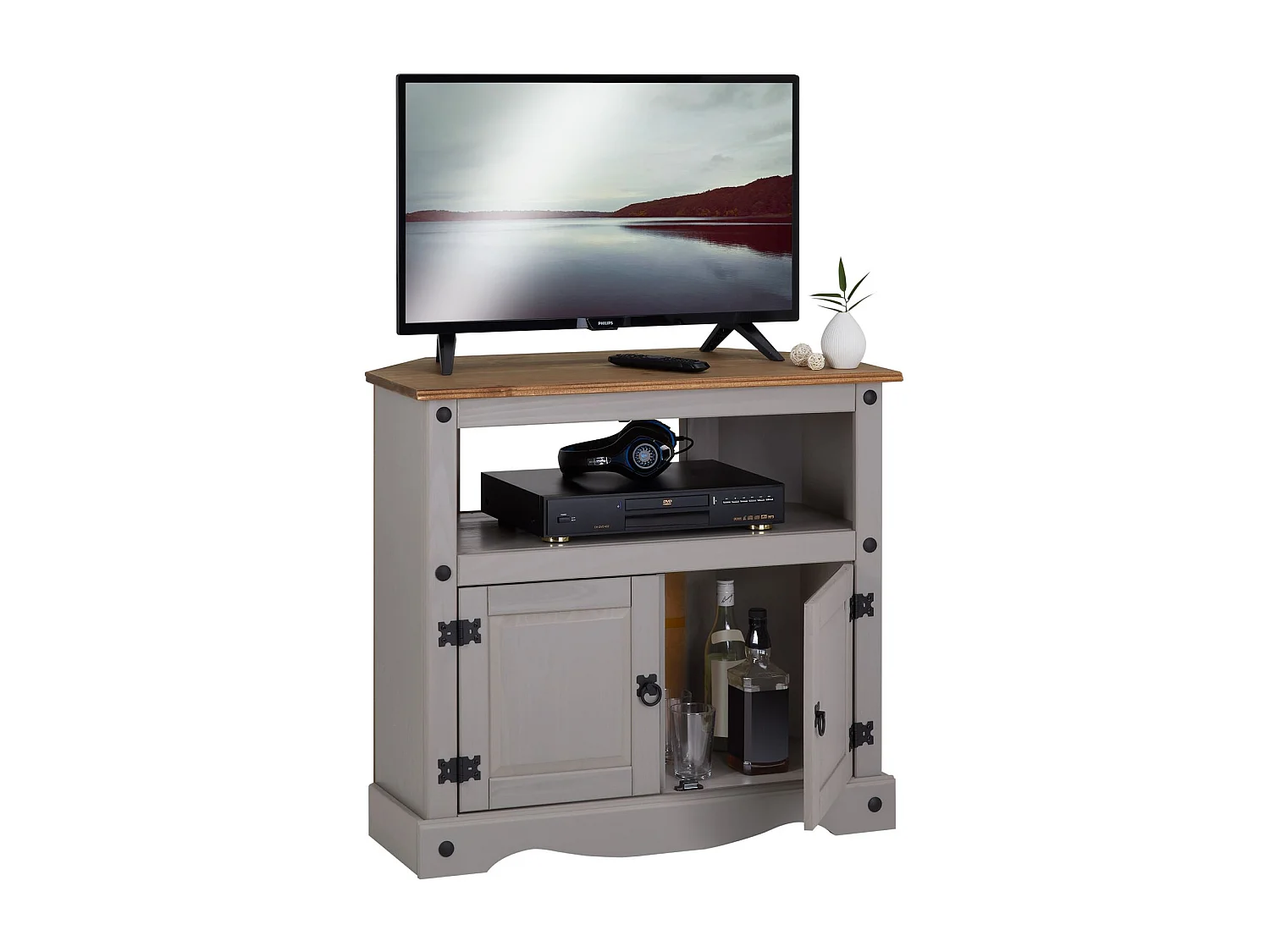 Meuble TV RAMON banc télévision en pin massif gris et brun avec 2 portes et 1 niche, meuble de rangement style mexicain en bois