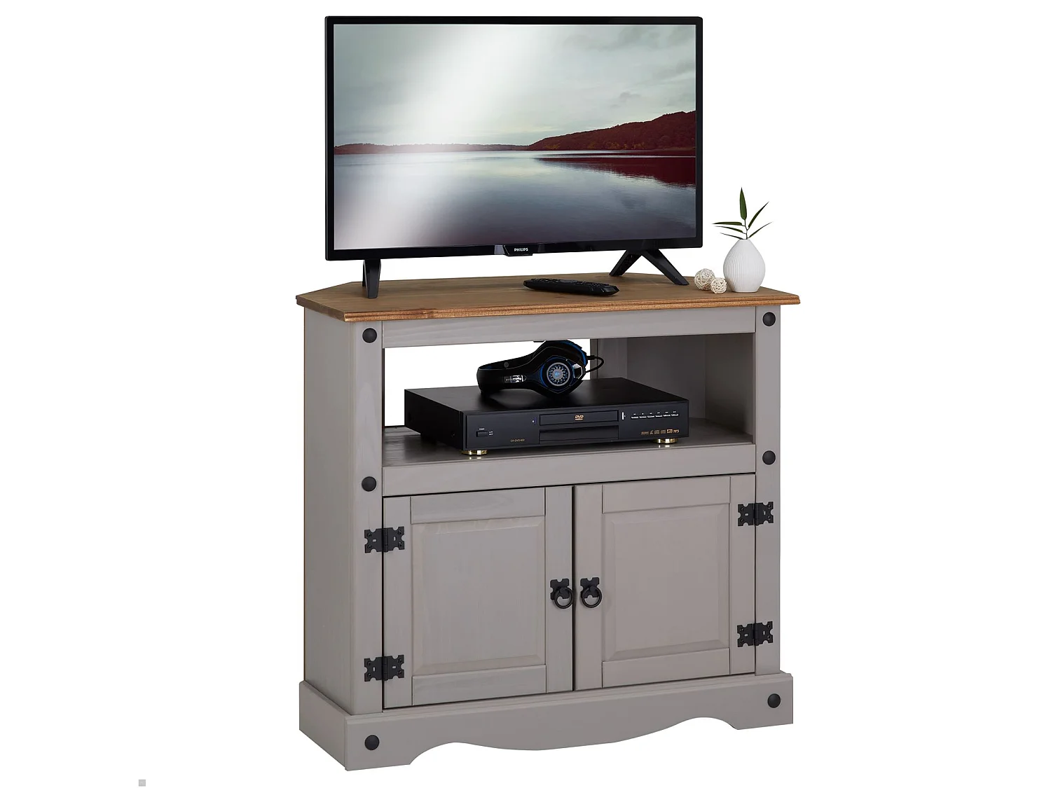 Meuble TV RAMON banc télévision en pin massif gris et brun avec 2 portes et 1 niche, meuble de rangement style mexicain en bois