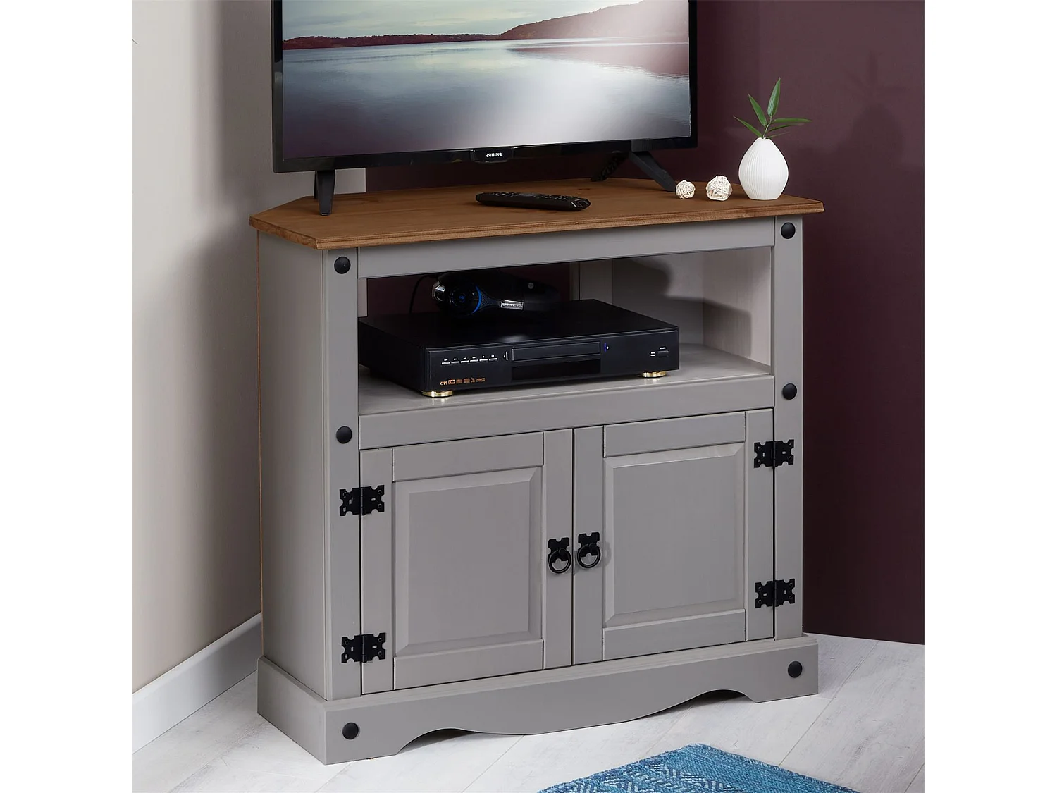 Meuble TV RAMON banc télévision en pin massif gris et brun avec 2 portes et 1 niche, meuble de rangement style mexicain en bois