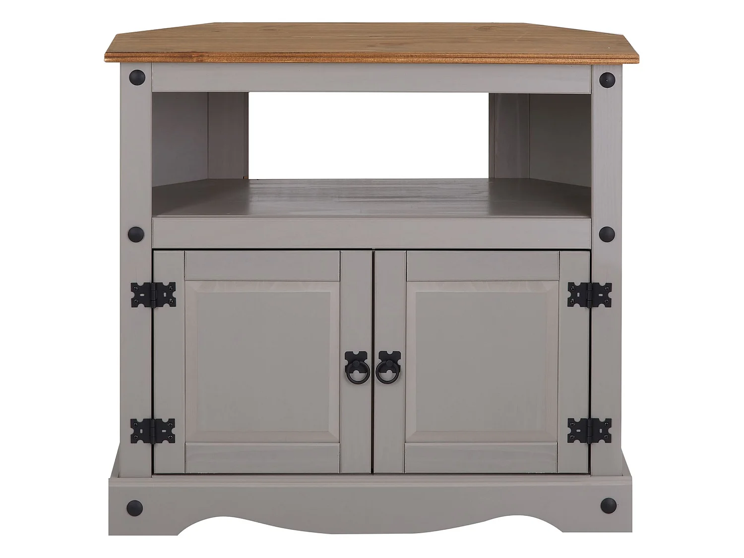 Meuble TV RAMON banc télévision en pin massif gris et brun avec 2 portes et 1 niche, meuble de rangement style mexicain en bois