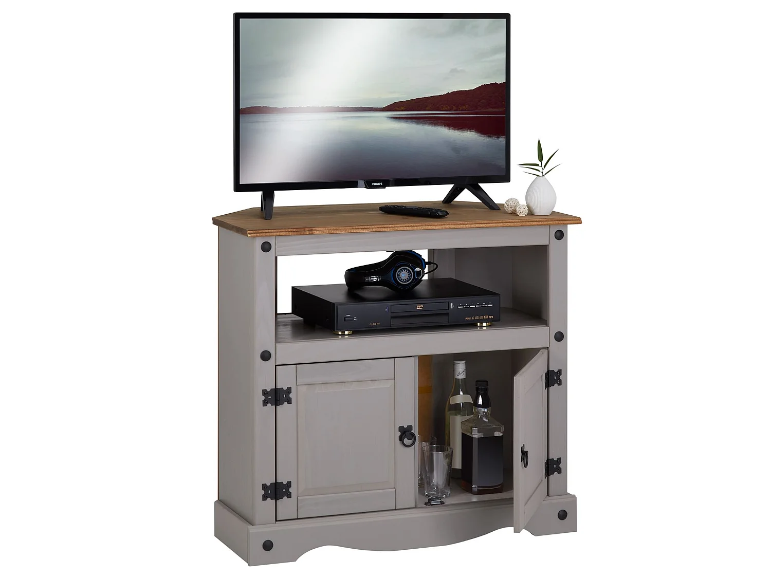 Meuble TV RAMON banc télévision en pin massif gris et brun avec 2 portes et 1 niche, meuble de rangement style mexicain en bois