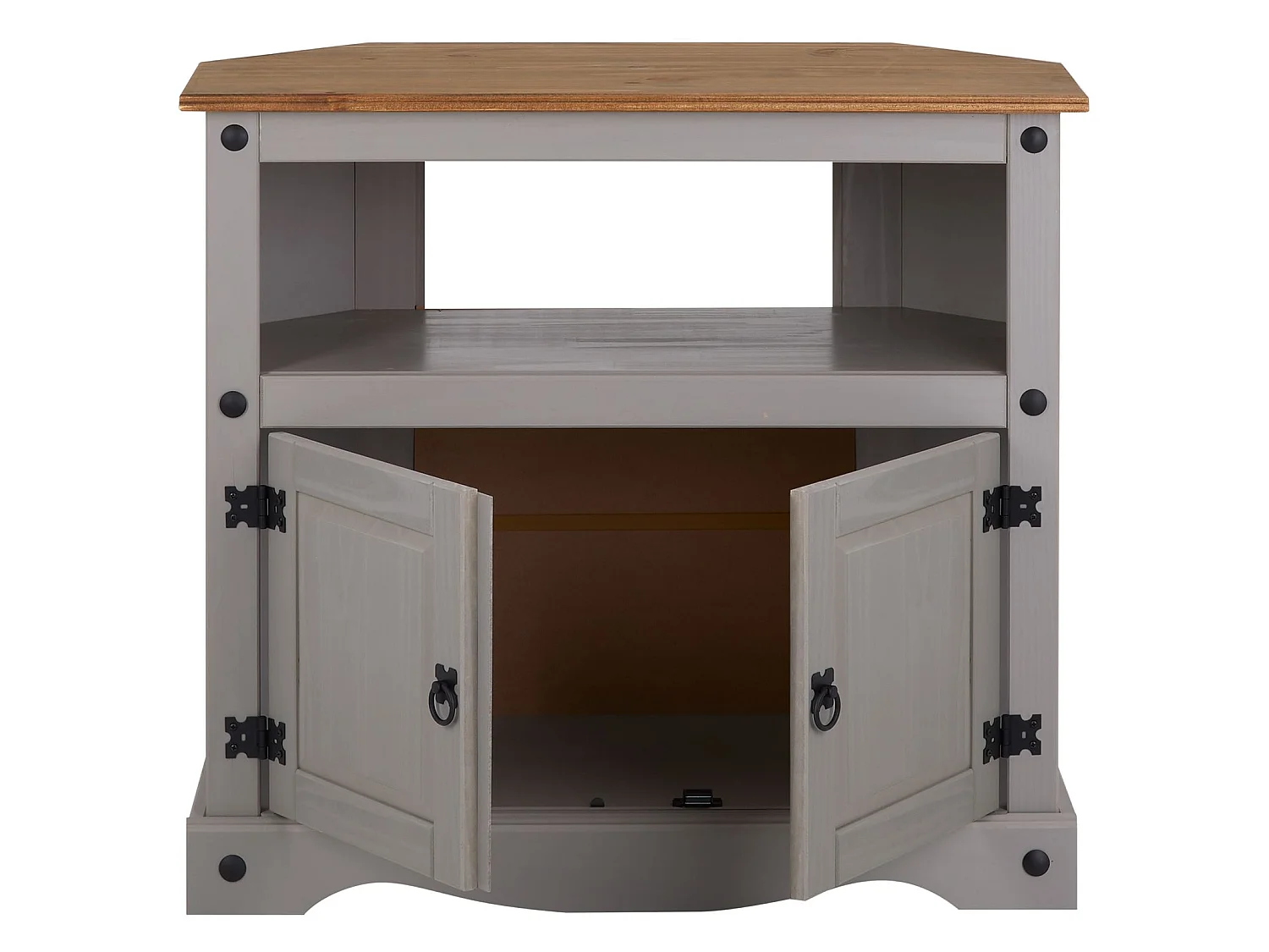 Meuble TV RAMON banc télévision en pin massif gris et brun avec 2 portes et 1 niche, meuble de rangement style mexicain en bois