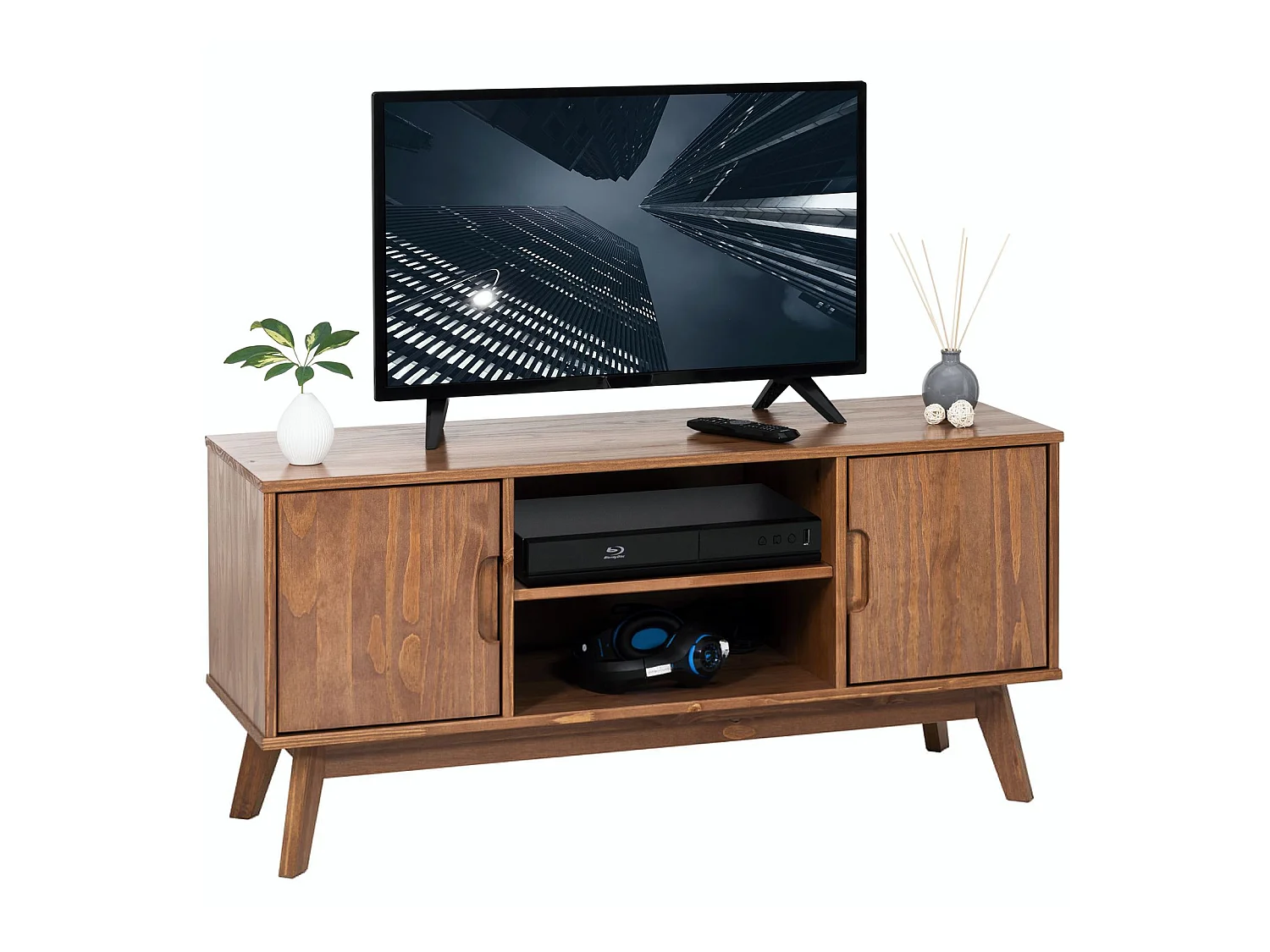 Meuble TV TIVOLI banc télé de 114 cm design vintage scandinave nordique 2 portes et 2 niches, en pin massif lasuré brun foncé