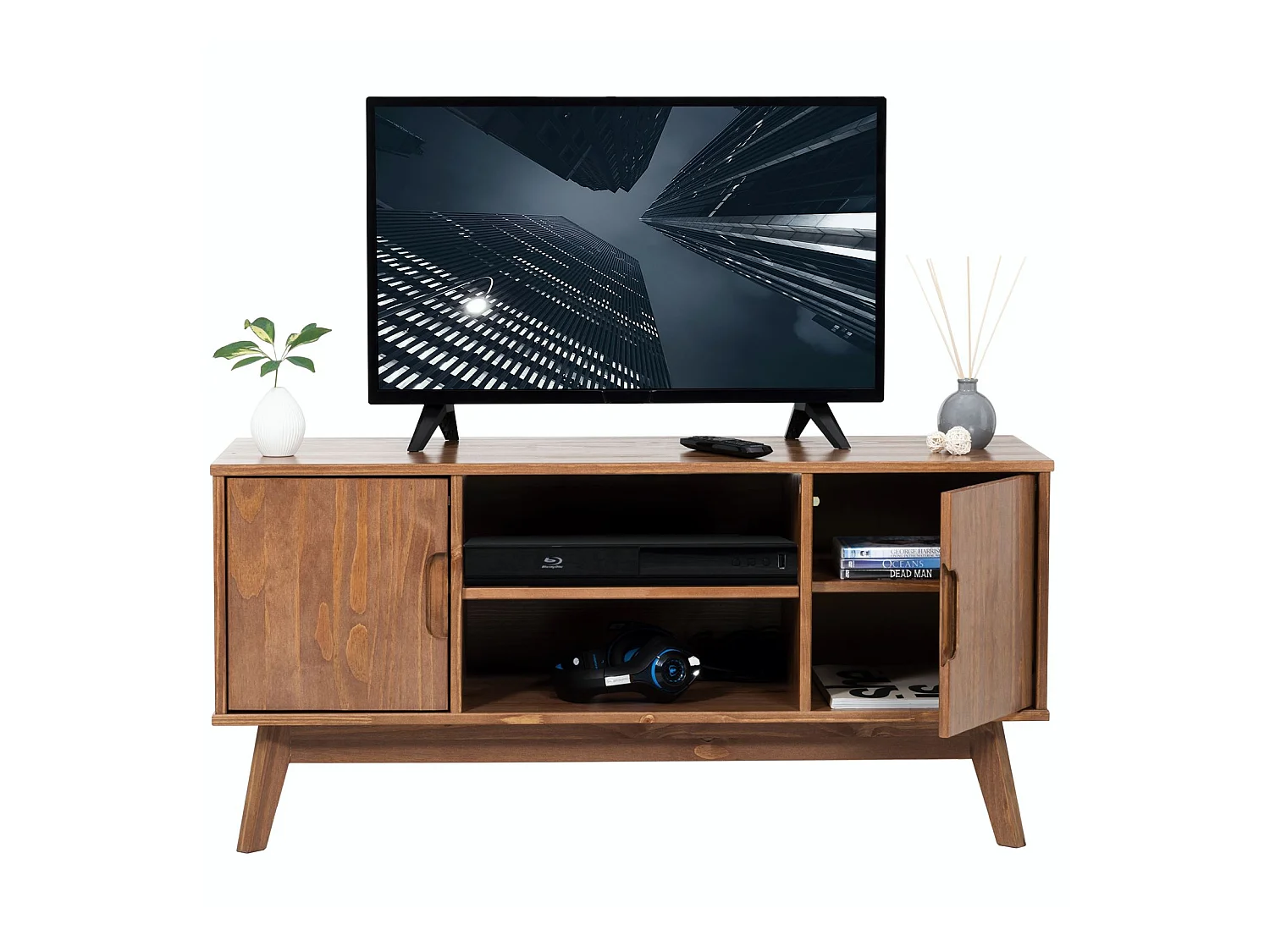 Meuble TV TIVOLI banc télé de 114 cm design vintage scandinave nordique 2 portes et 2 niches, en pin massif lasuré brun foncé