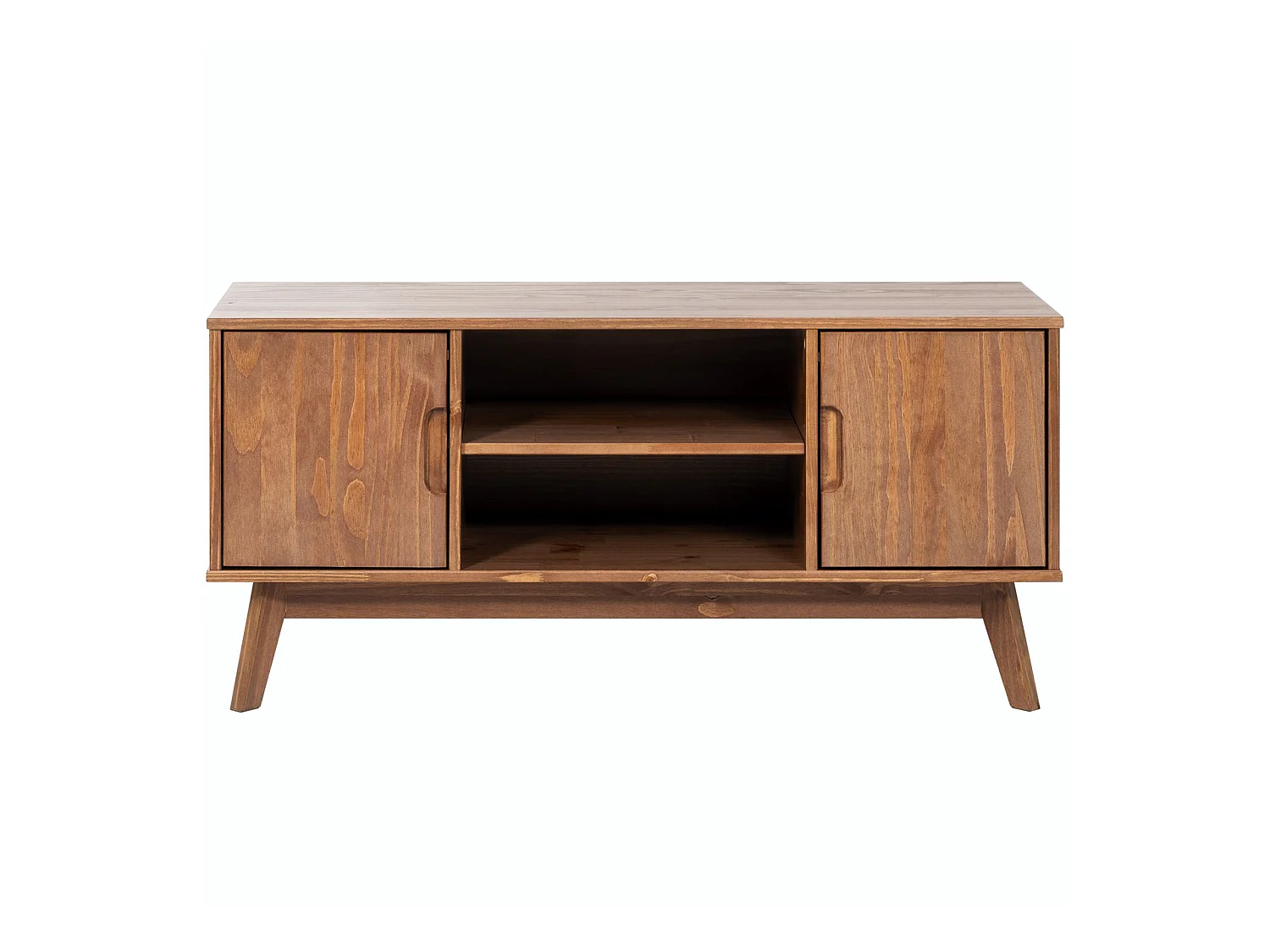 Meuble TV TIVOLI banc télé de 114 cm design vintage scandinave nordique 2 portes et 2 niches, en pin massif lasuré brun foncé