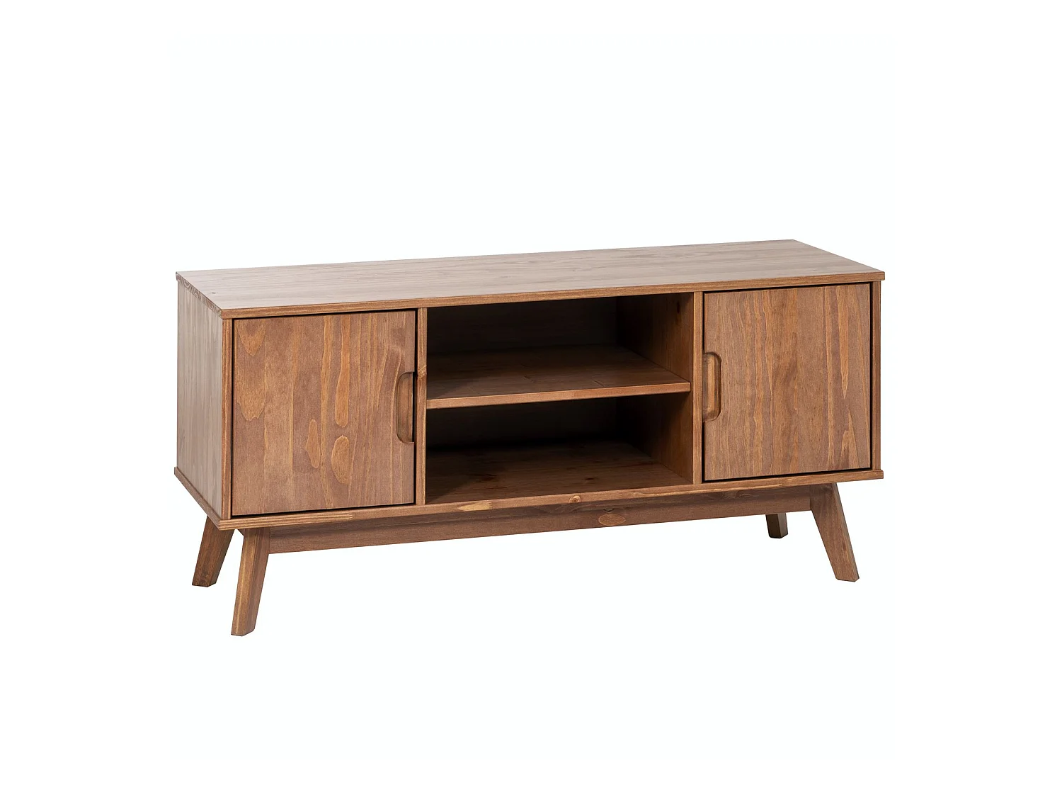 Meuble TV TIVOLI banc télé de 114 cm design vintage scandinave nordique 2 portes et 2 niches, en pin massif lasuré brun foncé