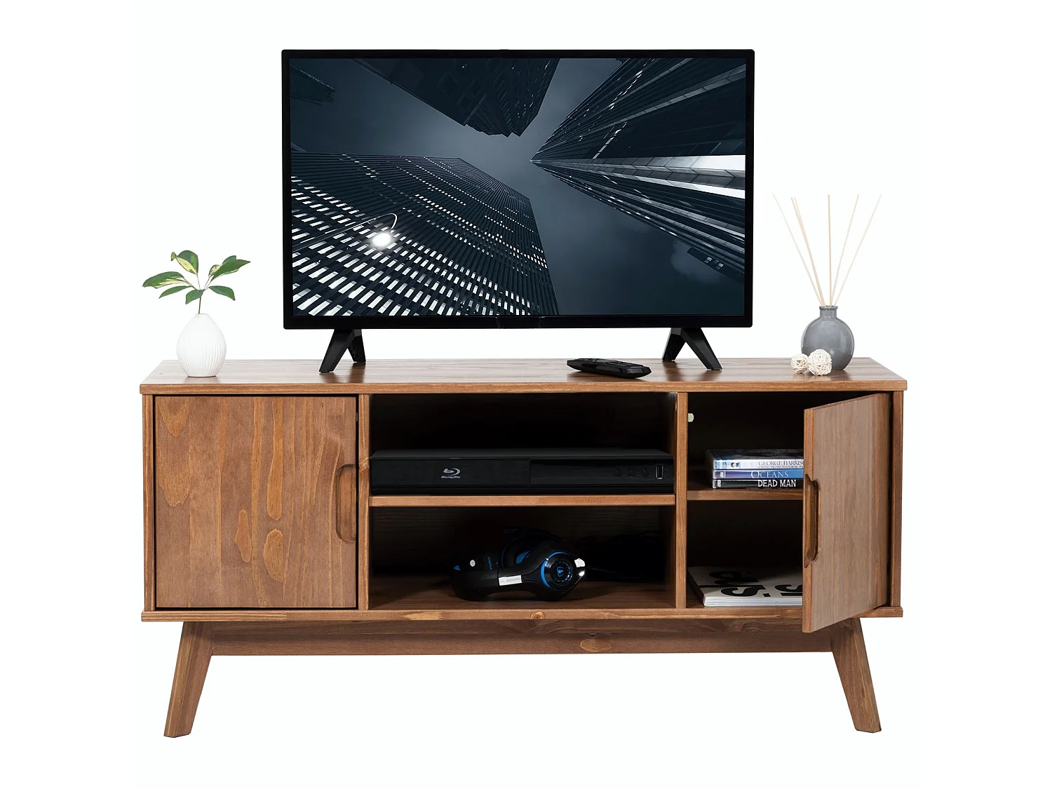 Meuble TV TIVOLI banc télé de 114 cm design vintage scandinave nordique 2 portes et 2 niches, en pin massif lasuré brun foncé