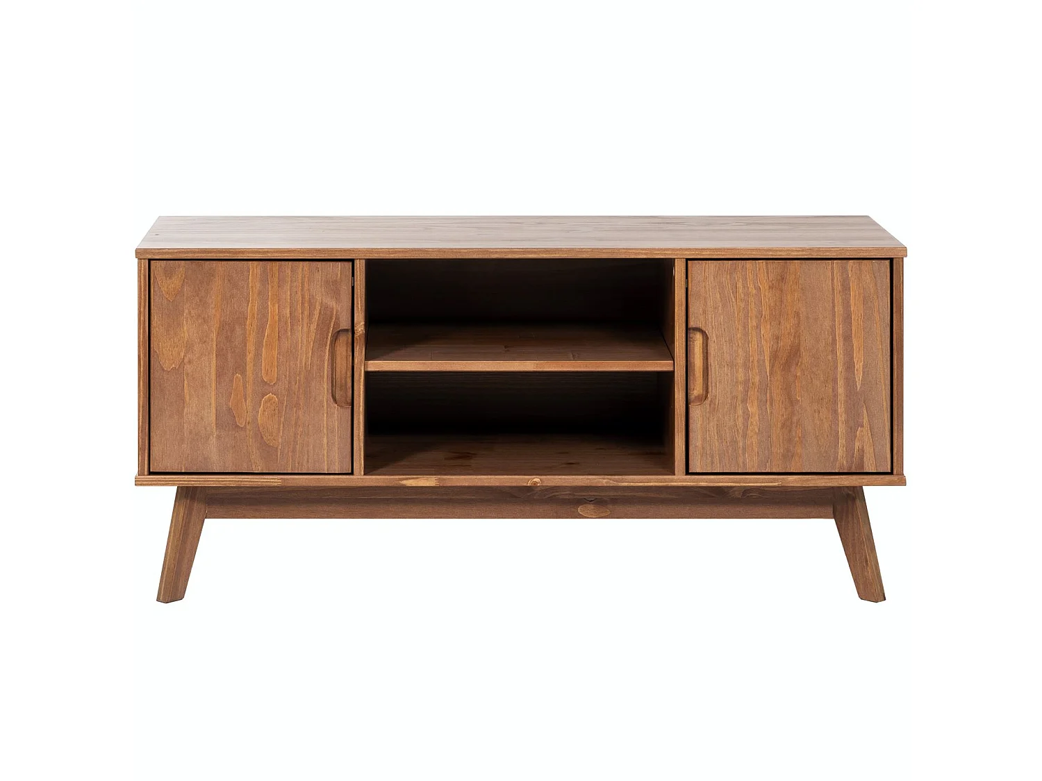 Meuble TV TIVOLI banc télé de 114 cm design vintage scandinave nordique 2 portes et 2 niches, en pin massif lasuré brun foncé
