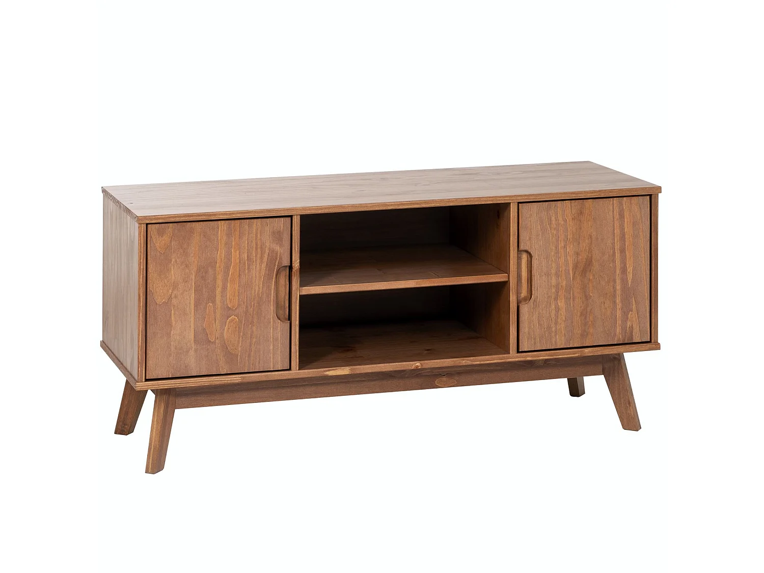 Meuble TV TIVOLI banc télé de 114 cm design vintage scandinave nordique 2 portes et 2 niches, en pin massif lasuré brun foncé