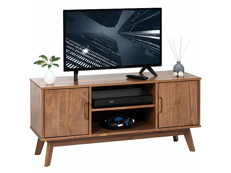 Meuble TV TIVOLI banc télé de 114 cm design vintage scandinave nordique 2 portes et 2 niches, en pin massif lasuré brun foncé