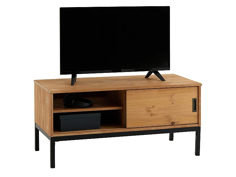 Meuble TV SELMA banc télé de 98 cm au style industriel design vintage avec 1 porte coulissante, en pin massif teinté brun clair