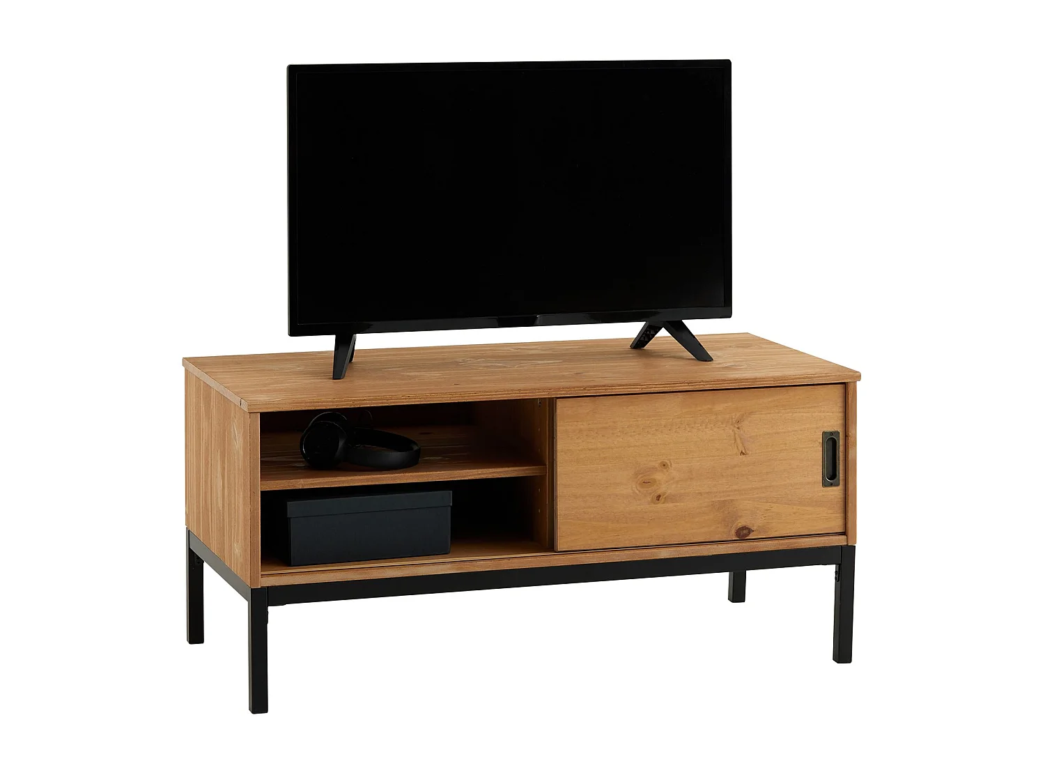 Meuble TV SELMA banc télé de 98 cm au style industriel design vintage avec 1 porte coulissante, en pin massif teinté brun clair