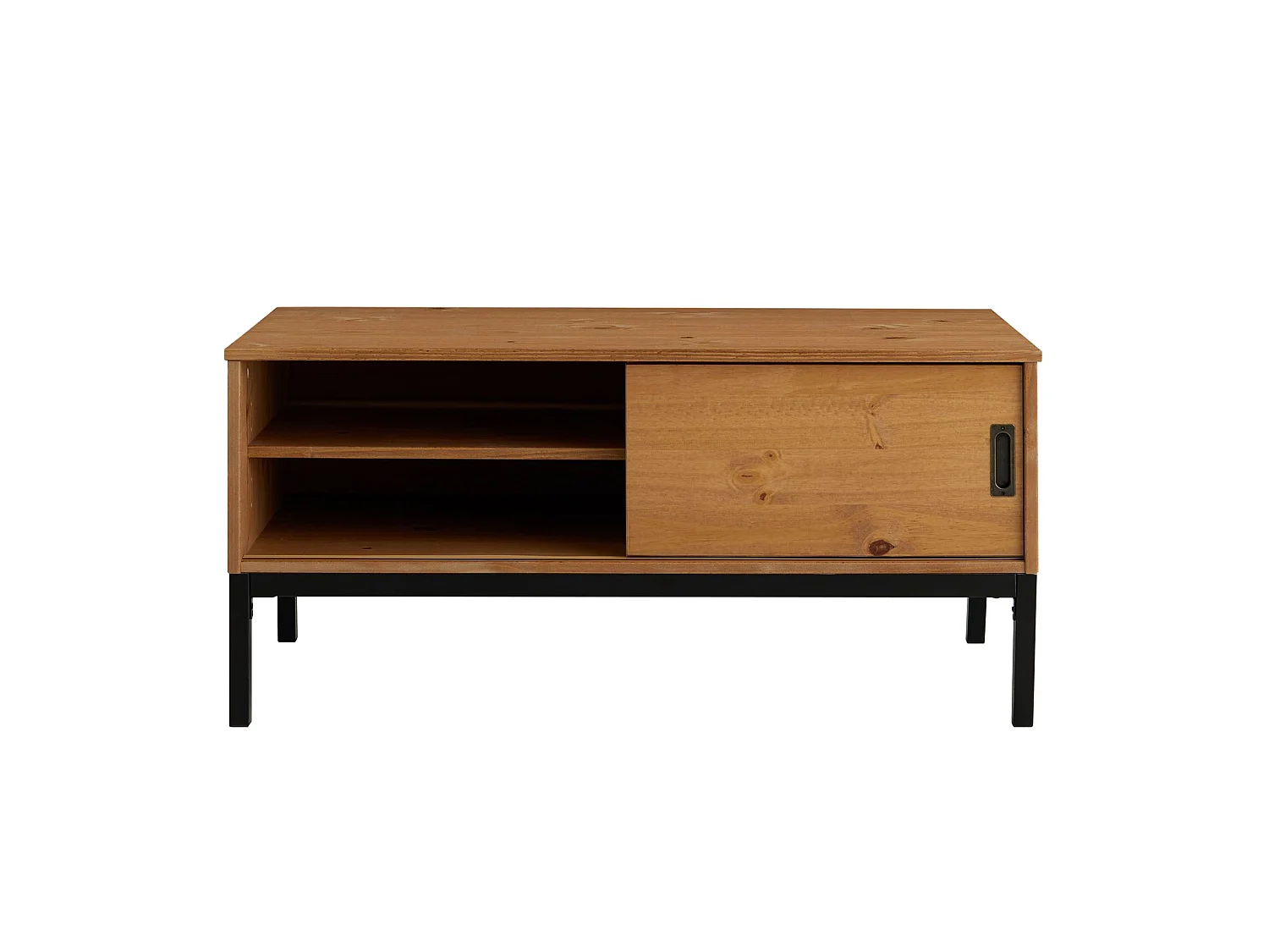 Meuble TV SELMA banc télé de 98 cm au style industriel design vintage avec 1 porte coulissante, en pin massif teinté brun clair