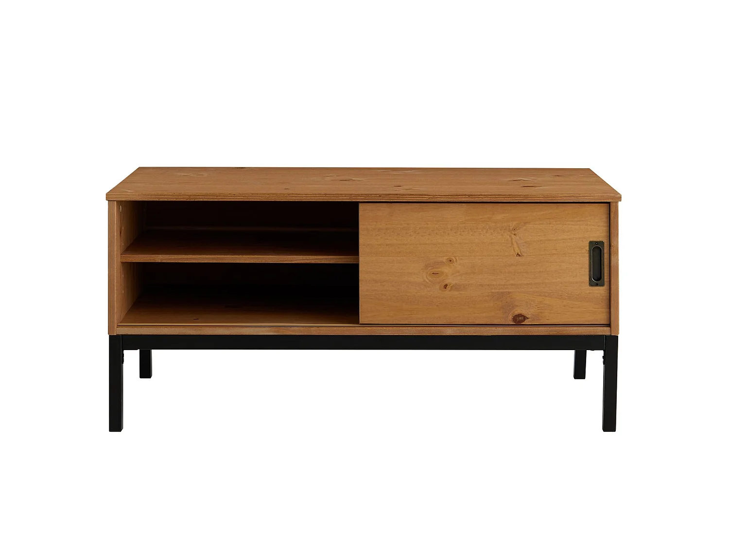 Meuble TV SELMA banc télé de 98 cm au style industriel design vintage avec 1 porte coulissante, en pin massif teinté brun clair