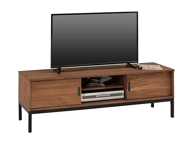 Meuble TV SELMA L 145 cm en bois massif brun foncé au style industriel design vintage avec 2 portes coulissantes