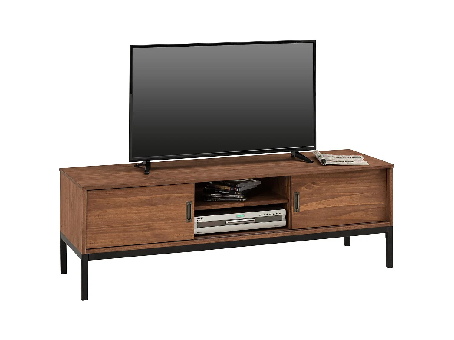 Meuble TV SELMA L 145 cm en bois massif brun foncé au style industriel design vintage avec 2 portes coulissantes