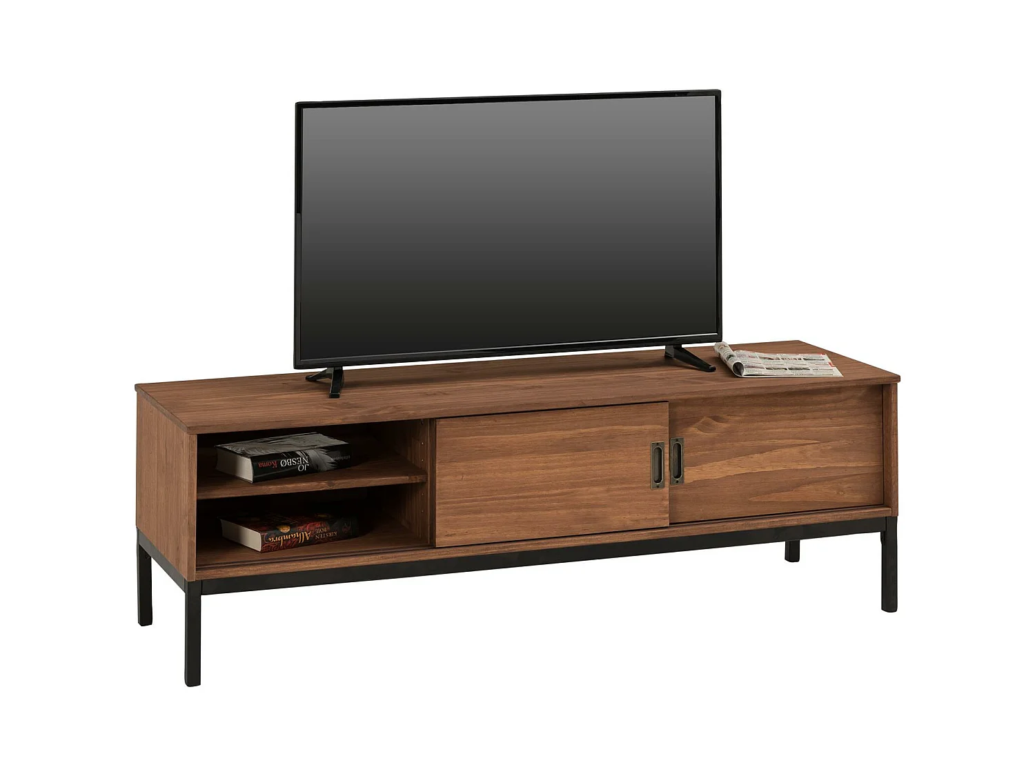 Meuble TV SELMA L 145 cm en bois massif brun foncé au style industriel design vintage avec 2 portes coulissantes