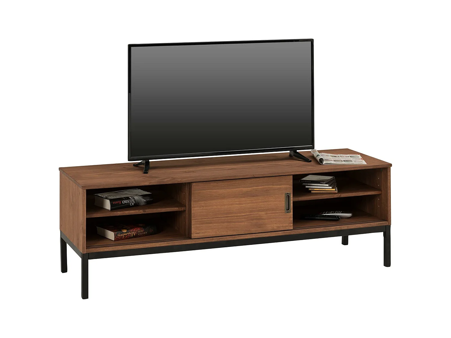 Meuble TV SELMA L 145 cm en bois massif brun foncé au style industriel design vintage avec 2 portes coulissantes