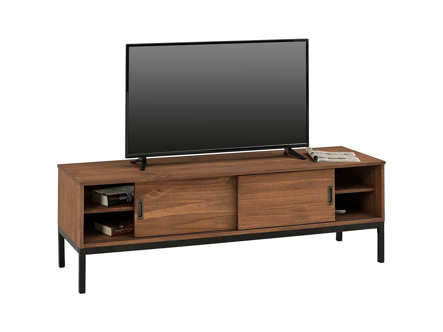Meuble TV SELMA L 145 cm en bois massif brun foncé au style industriel design vintage avec 2 portes coulissantes